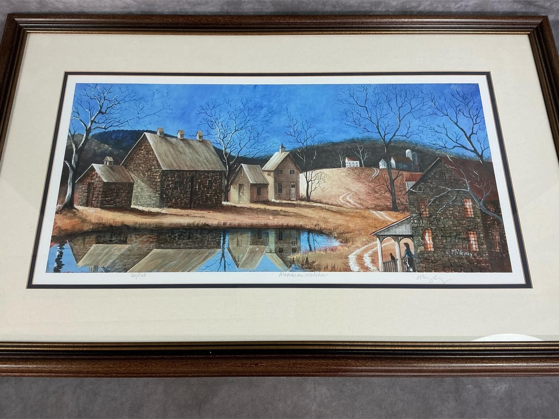 Moonbeam Watcher: Country print with farm scene and pond by M A Vessey. Print numbered 30/250. Matted and framed and in good condition. Measures 33 inches wide x .75 x 20.5 inches tall.