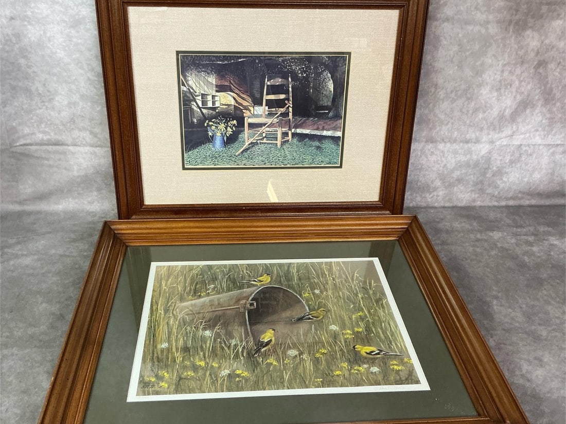 Mr Petrea's Chair & Goldfinches in Field: Two matted and framed prints. "Mr Petrea's Chair" by Bob Timberlake and Goldfinches in Field by Rose E Taylor marked 19/200. Both in good condition. Goldfinches measures 23 inches wide x 1.75 x 19 inc