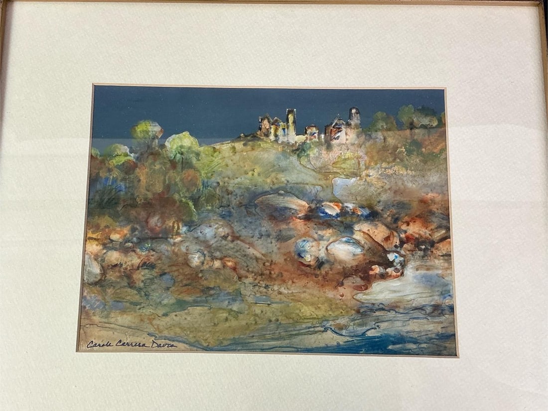 Landscape Watercolor: Abstract-like watercolor painting with fluid colors. Art by Carole Carrera Davis matted in dark wooden frame. In good condition. Measures 18.5 inches wide x .75 x 15.5 inches tall.