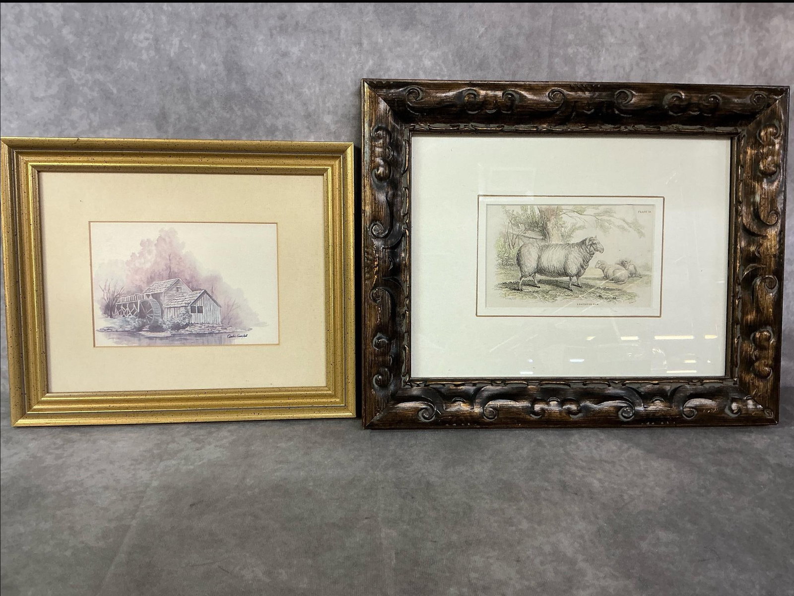 Grist Mill & Leicester Ram: Two vintage matted and framed painting and print. Grist Mill by Archie Campbell signed on back with a note. Leicester Ram from William Jardine's Naturalist Library in dark brown ornate frame. Both in 