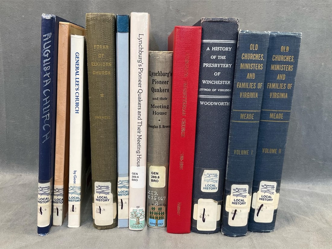 Books on Virginia Church History: Twelve Virginia Church History related books. Titles include, "" General Lee's Church", ""Lynchburg's Pioneer Quakers and Their Meeting House", ""Lexington Presbyterian Church", ""Augusta Church