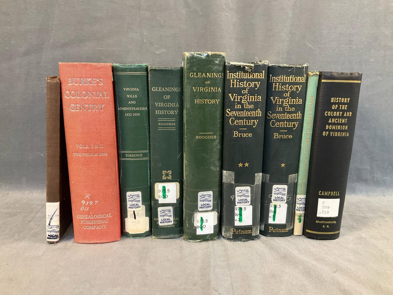 Books on Virginia History: Nine Virginia history books. Several titles include ""Gleanings of Virginia History" (two copies) by William Fletcher Boogher 1903. ""Legends of Virginia" by Helena Lefroy Caperton 1931, and