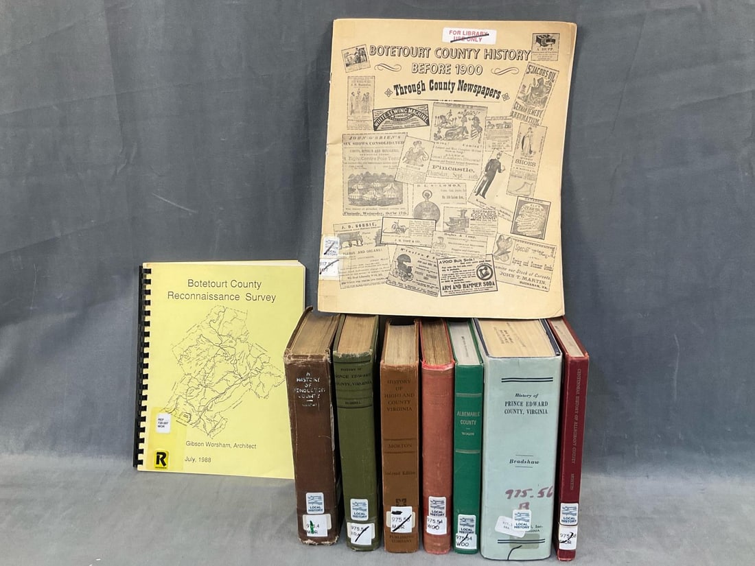 Books on Virginia County Histories: Nine Books on Virginia Counties. County Histories include; Albemarle, Botetourt, Prince Edward, Highland, Allegheny, and Pendleton County West Virginia. Ex-library books, used condition. ""Botetourt