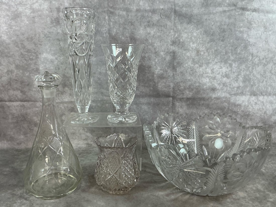 Cut Glass Bowl, Decanter, and Vases (1 of 7)