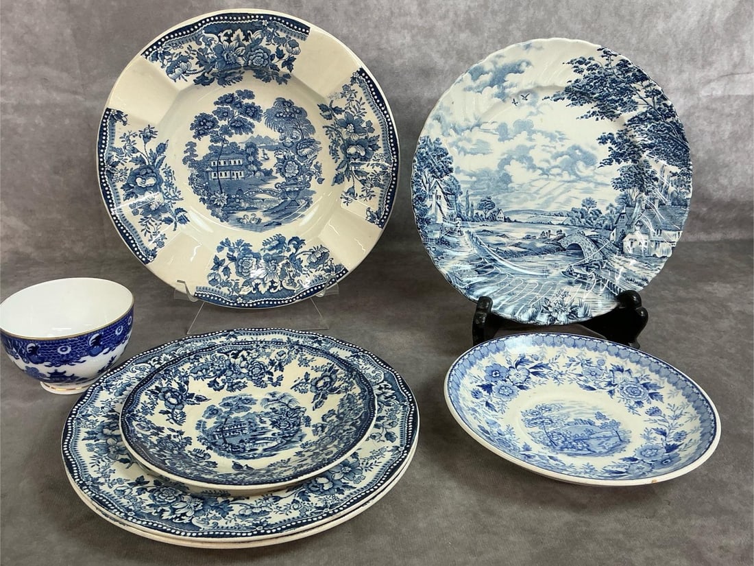 Royal Staffordshire Dinnerware & more: Seven mid 1900's blue and white dishes. Five pieces are Royal Staffordshire, a Aimee Woodland saucer, and a Blue Brook saucer. In good condition. Bowl measures 8.5 inches in diameter x 1.5 inches