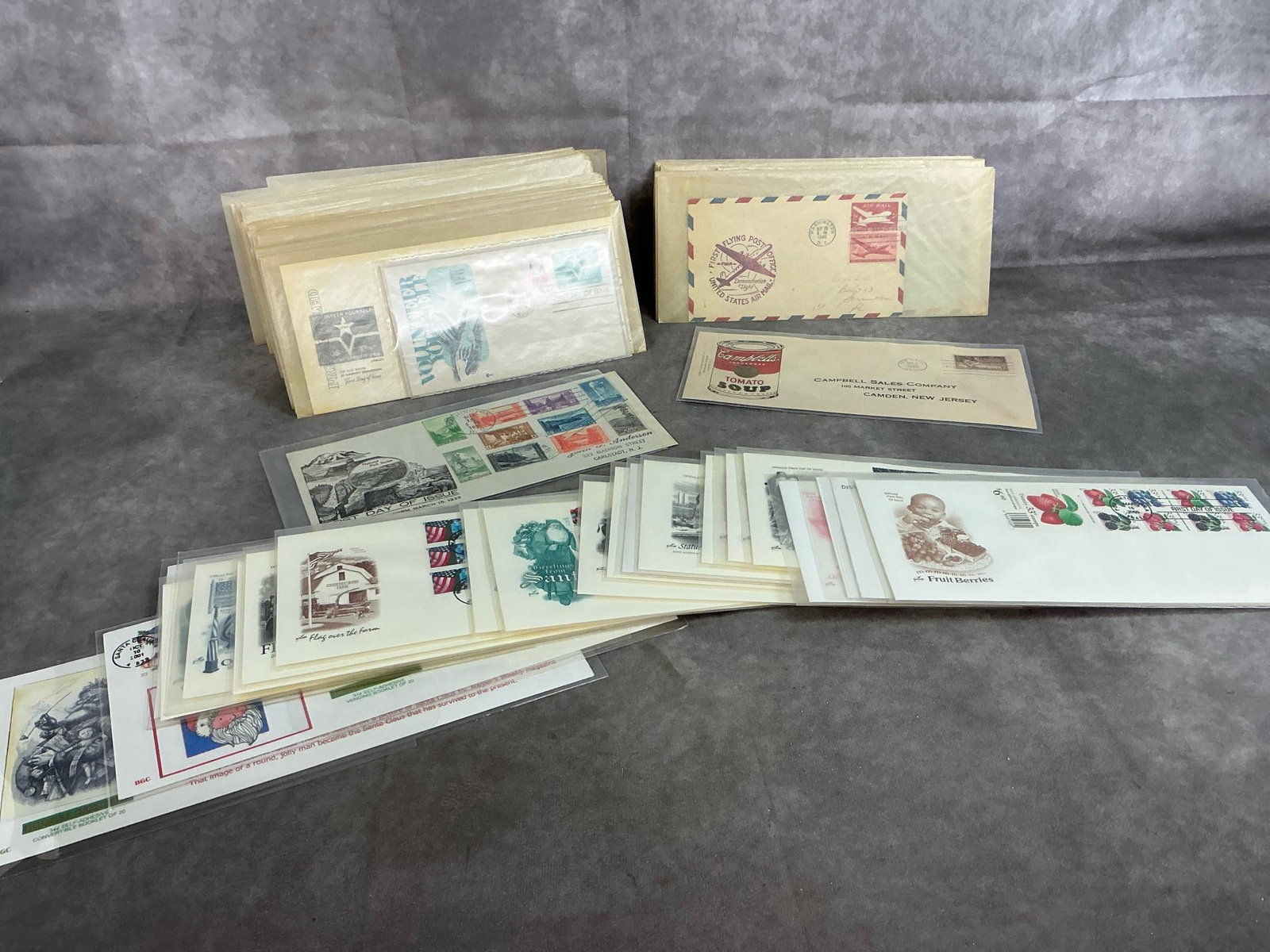 First Day Issue & Air Mail Collection: Over 175 stamped envelopes dating from 1935- 2001. 110 First Day Issue with marked postage from 1974-1984. Forty-five Air Mail Envelopes with marked stamps and dates from 1946-1983. Plus 20 First Day 