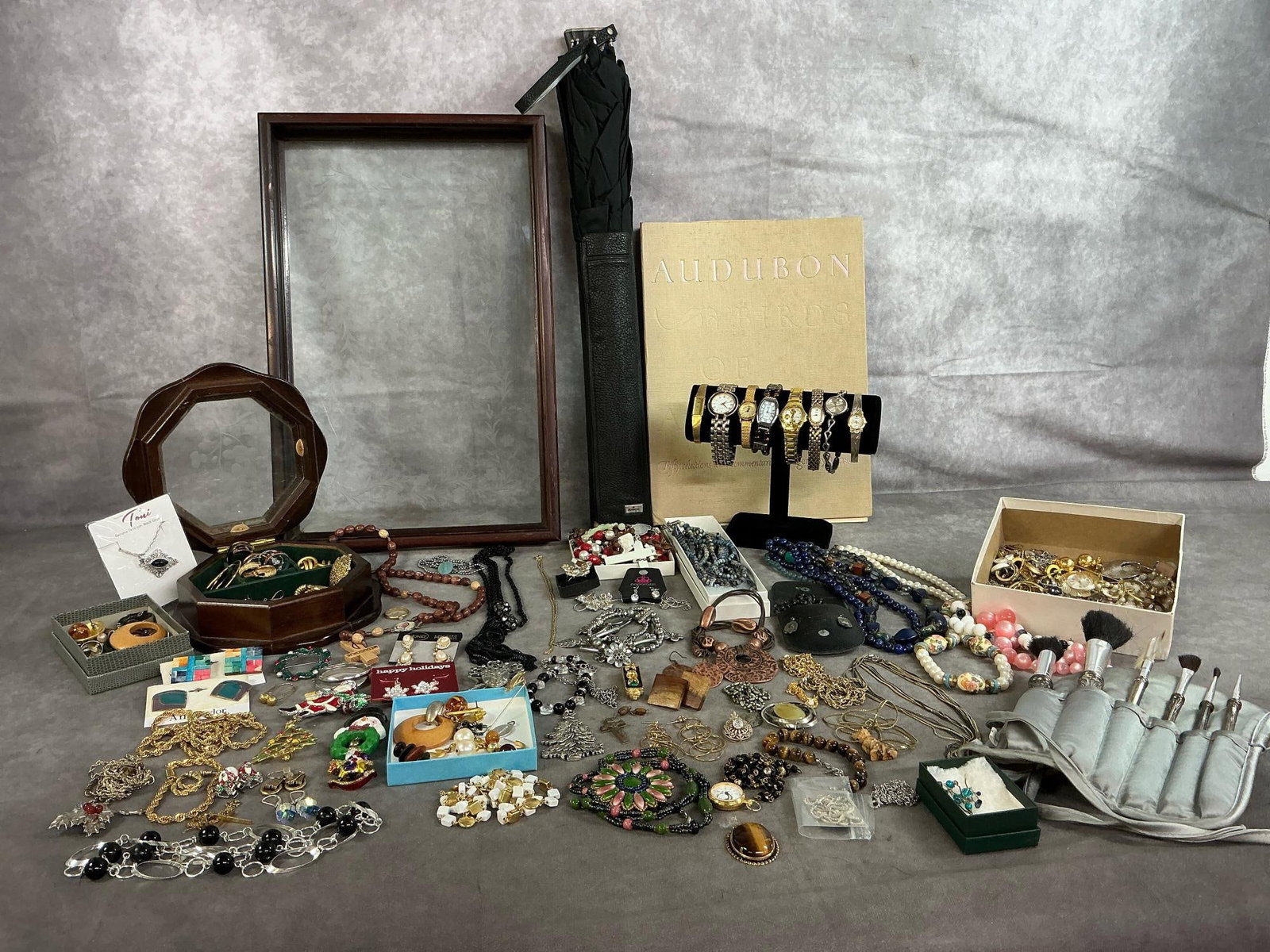 Jewelry, Tray, Audubon Prints & More: Large lot of late 1900's items. Includes etched glass and wooden tray, small jewelry case, Knirps umbrella and 30+ Audubon bird prints. Jewelry includes watches, necklaces, brooches, earrings, chains,