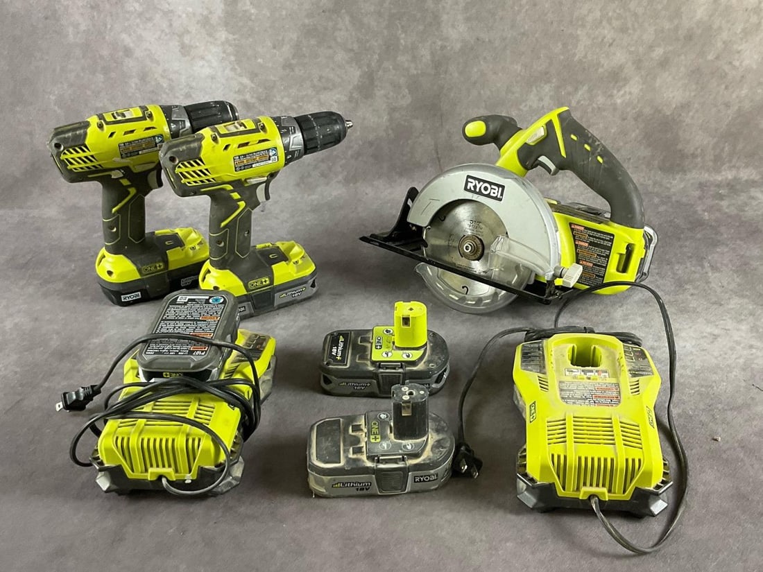 Ryobi Combo Set: Three 18 volt One+ tools. Includes two P208B Drill/Drivers, one P503 5 1/2 inch circular saw, two 18 volt chargers and six lithium+ batteries. Used, tools operate correctly. One charger does not