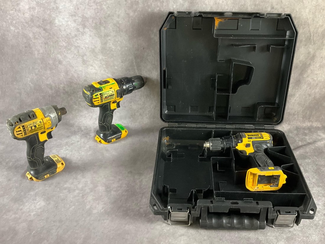 Dewalt Drill/Driver and Driver: Three 20v max tools. Two each DCD780 drill/driver, one with case. One each DCF885 impact driver. All three used and power up and operate correctly. Tools only. Case measures 14 inches long X 13
