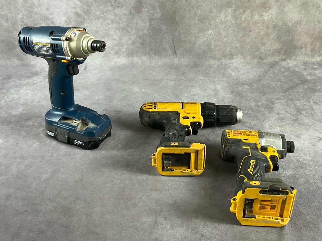 Dewalt & Ryobi Power Tools: Three tools, Dewalt DCD780 20v drill/driver, one Dwalt 20v XR DCF845 driver both tools only and one Ryobi P230 18v driver, with battery. Used, All power up and are in good condition. No chargers.