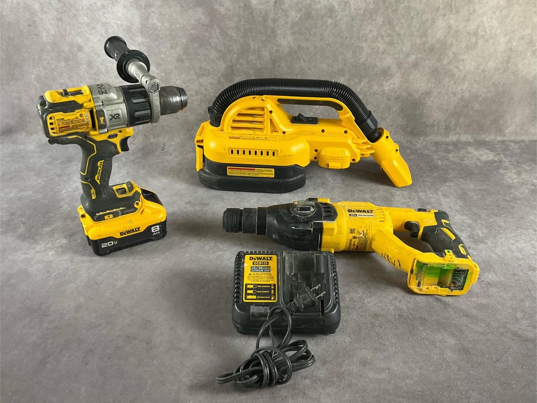 Dewalt Hammerdrill Combo Set: Three piece 20v set, includes DCD998 handheld 1/2 inch drill, DCH133 SDS plus variable speed rotary drill. DCV517 1/2 gallon wet/dry portable vacuum. Charger and 20v, 8AH battery. All power up and in