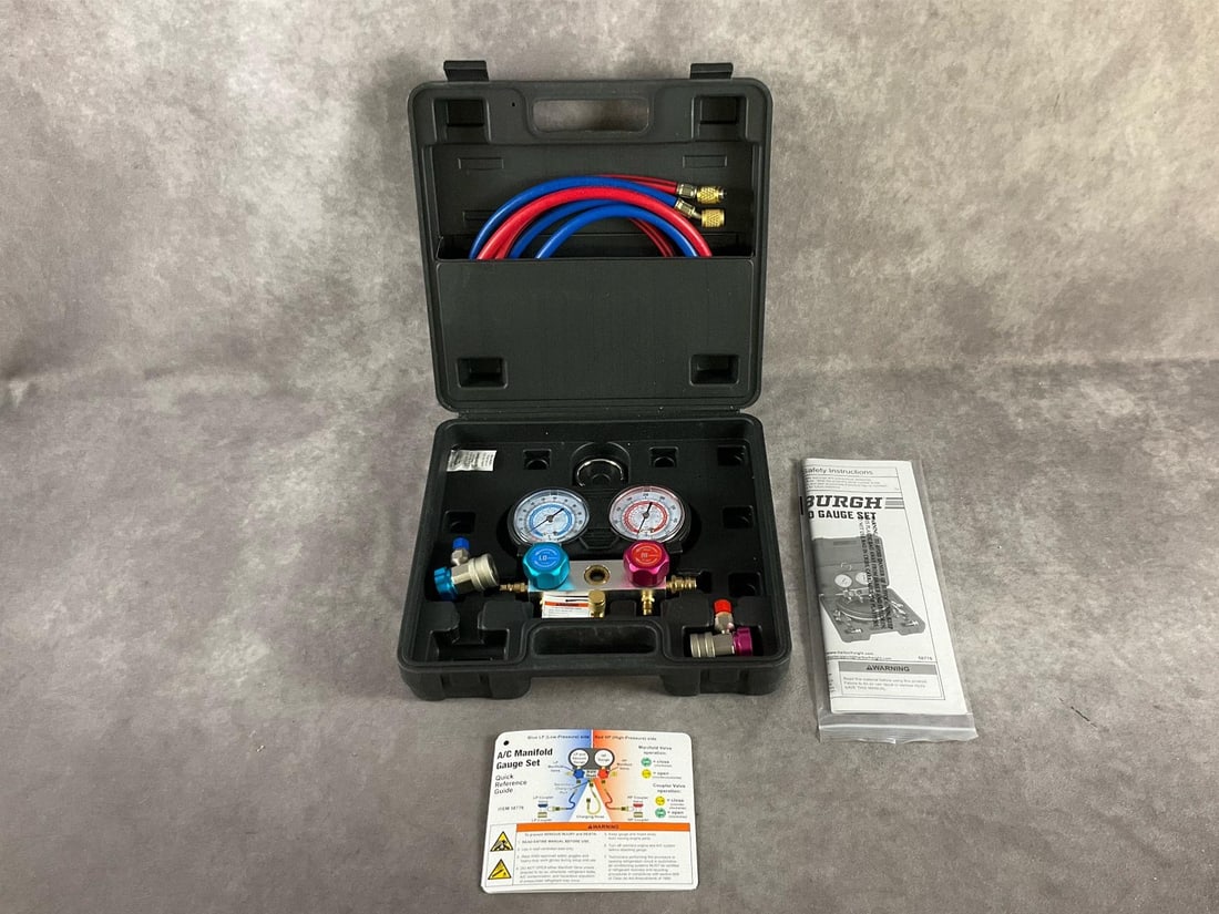 Pittsburg AC Manifold Gauge Set: R-134A For checking, recovery/evacuation and charging AC units. New in case, never used. Case measures 12 inches long X 3 inches wide X 10 inches high.