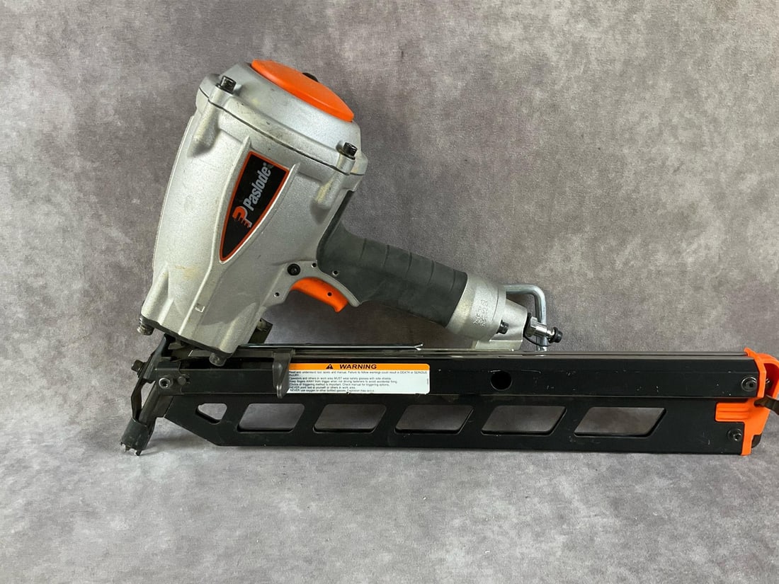 Paslode Framing Nailer: F350S 3 1/2 inch pneumatic nailer. Used, untested, otherwise in good condition. Measures 20 inches long X 5 inches wide X 12 inches high.