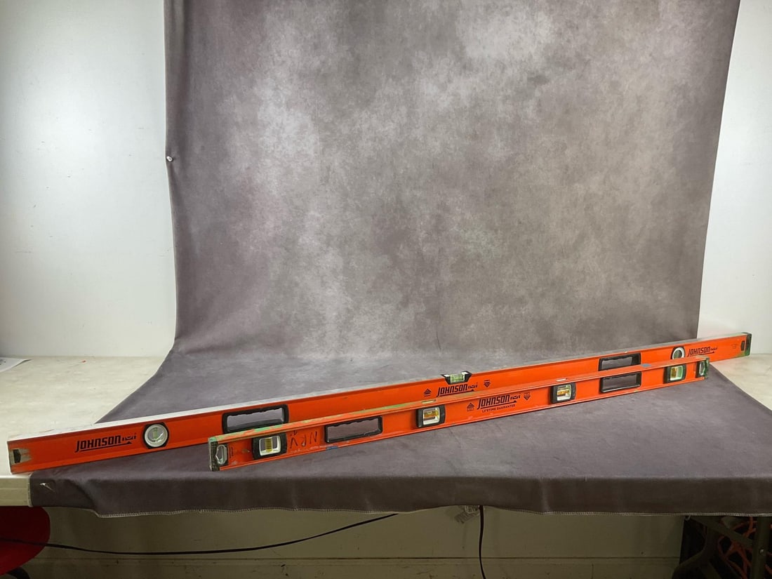 Johnson Levels: Two levels 48 inch and 72 inch. 72 inch missing end cap, Both used, otherwise in working condition. Largest item 72 inches long X 1 inch wide X 2 3/4 inches high.