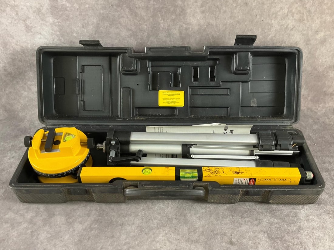 Cen-Tech Laser Level: Model 90980 16 inch, 369 degree rotating leveling head. Laser level with case, tripod and instructions. Used, untested, otherwise in good condition. Case measures 21 inches long X 4 inches wide X