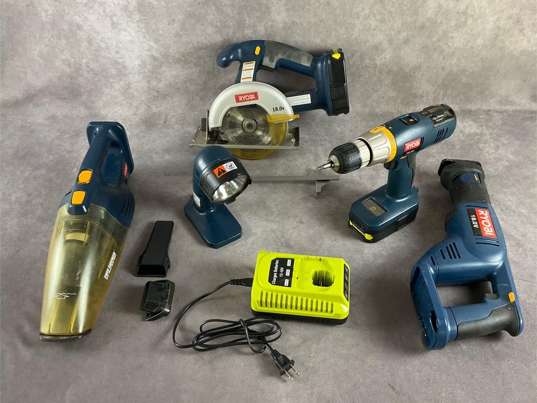 Ryobi Combo Kit: Five tool 18 volt lithium kit includes. R10633 5 1/2 inch circular saw, RJC181 sawsall, SA1802 drill/driver, VC180 hand vacuum and FL1800 work light. Case, instructions, charger and two batteries also