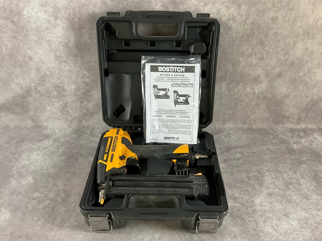 Bostitch Brad Nailer: BTFP112233 18 GA pneumatic Brad nailer. Fastener range 5/8 to 2 1/8 inch. New in case, never used. Case measures 12 inches long X 4 1/2 inches wide X 12 1/2 inch high.