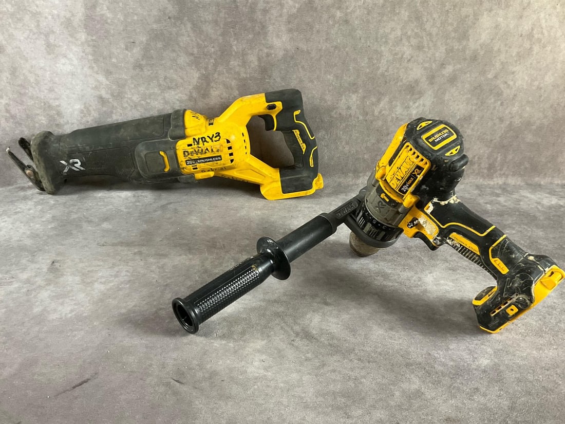 Dewalt Two Pack: Two 20v XR tools. DCS368 sawsall and DCD996 Hammer Drill. Used, both power up and working condition. Tools only. Largest tool measures 18 inches long X 4 inches wide X 6 inches high.
