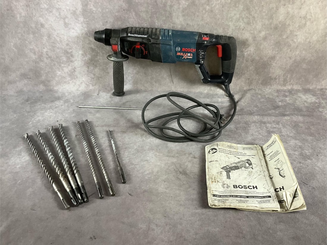 Bosch Hammer Drill: GBH2-28LBulldog Xtreme SDS-plus corded hammer. With bits 1/4, 3/8 and 1/2 inch. Used, powers up and in working condition. Case measures 22 1/2 inches long X 11 inches wide X 4 1/2 inches deep.