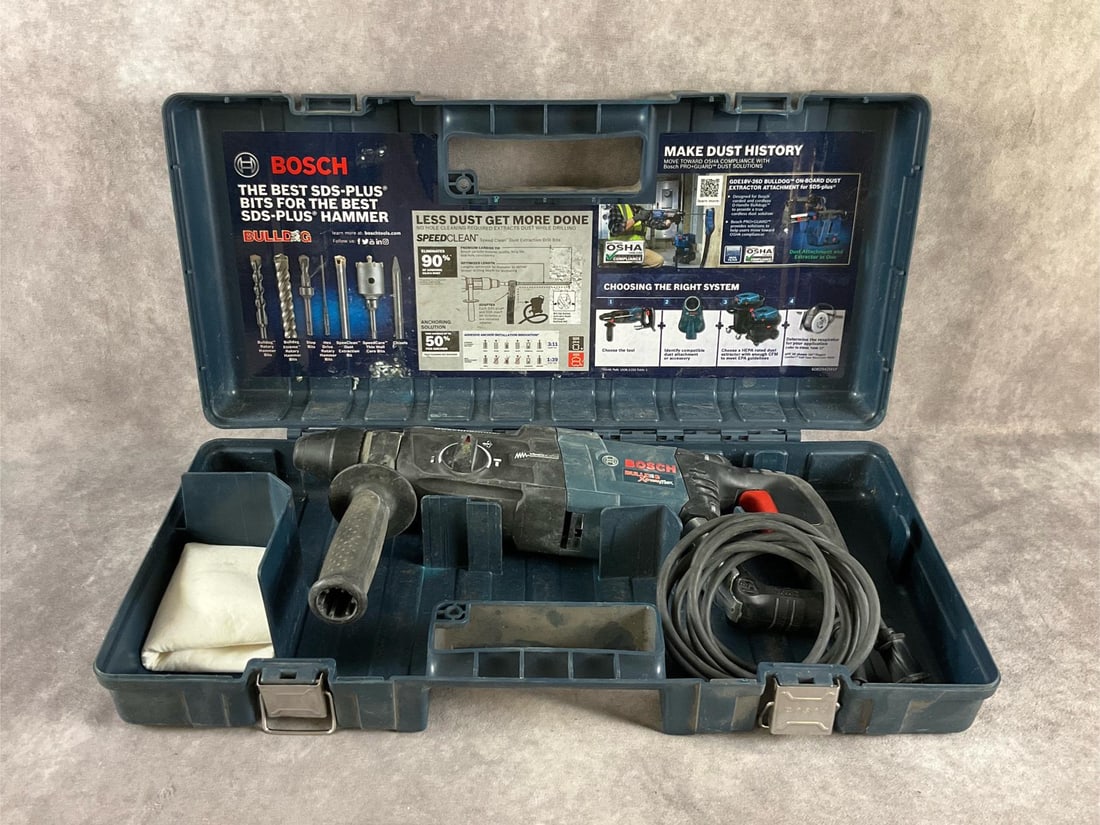 Bosch Hammer Drill: GBH2-28L Bulldog Xtreme SDS-plus corded hammer Used, powers up and in working condition. Case measures 22 1/2 inches long X 11 inches X wide X 4 1/2 inches deep.