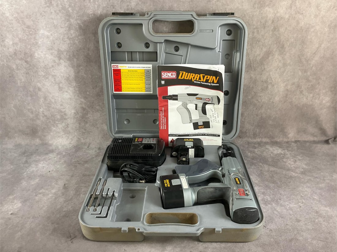 Senco Screw Gun: DS200-14v DuraSpin screw fastening system. Used, untested, otherwise in good condition. Case measures 18 inches long X 16 inches wide X 4 inches deep.
