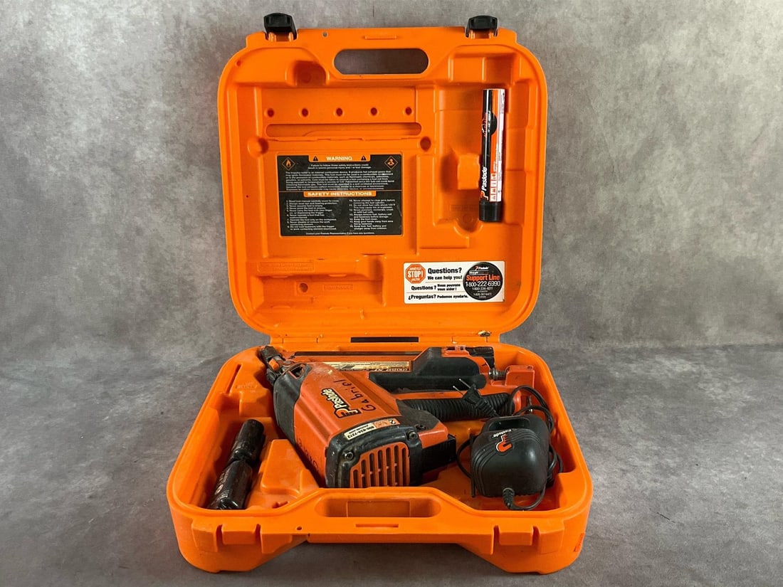 Paslode Framing Nailer: CFN325XP cordless (compressed gas) 30 degree, round head framing nailer. Uses 3 1/4 inch nailers. Used, untested otherwise in good condition. Includes case, gas cylinder and two extra batteries. Case