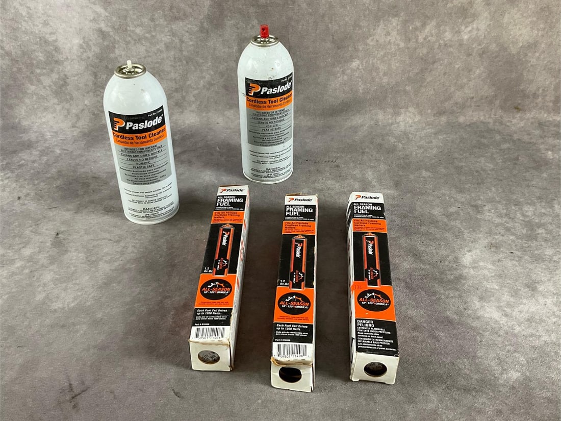 Paslode Accesories: Three new framing fuel cylinders and two cans of used tool cleaner. Largest item measures ik9 1/2 inches long X 1 1/2 inches wide and deep.