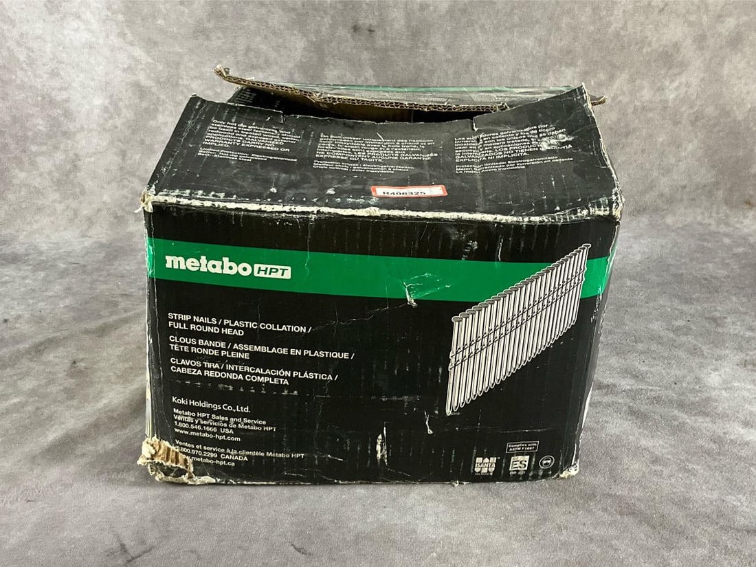 Metabo HPT Nails: Number 10111HPT 3 1/4 inch round head strip framing nails, 21 degree. 3/4 of a four thousand quantity box ( estimated ). Box measures 10 inches long X 10 inches wide X 7 inches high.