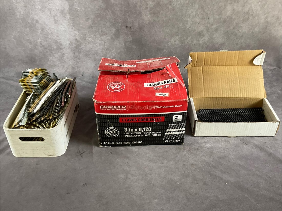 Assorted Nails & Screws: Grabber R344233 3 inch framing nails. Assorted 2 1/4 inch nails and 1 1/2 screws. Largest box measures 10 inches long X 10 inches wide X 6 inches deep.
