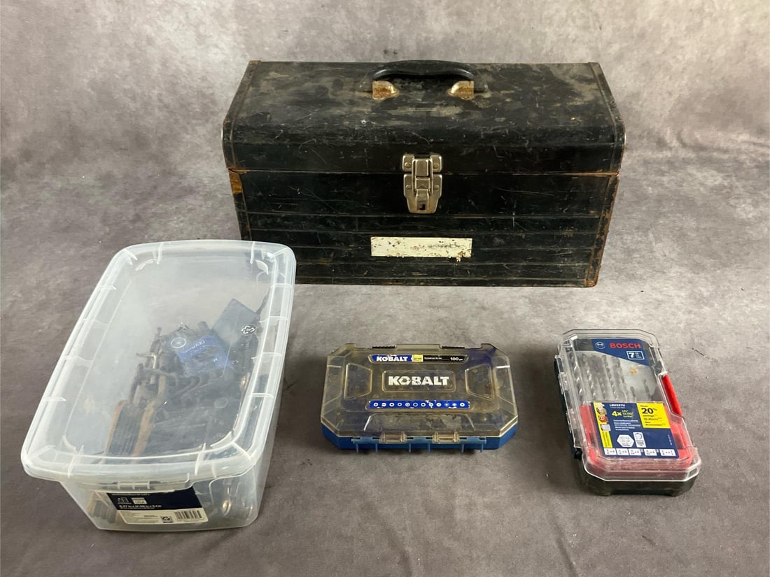 Hex Keys, Screw Bits & Drill Bits.: Assortment of Allen (hex) wrenches. Kobalt screwdriver bits and Bosch drill bit set. Box of assorted drill bits. All used. Largest box measures 18 inches long X 8 inches wide X 9 1/2 inches high.