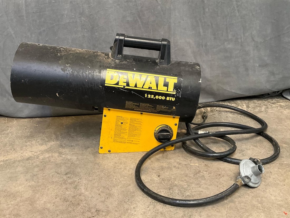 Dewalt Propane Heater: DeWalt Forced Air Propane 125000-BTU Outdoor Portable Heater. Used condition. Fan/blower tested and works, propane not tested or connected. Measures 25.25 inches wide x 8 x 17 inches tall.