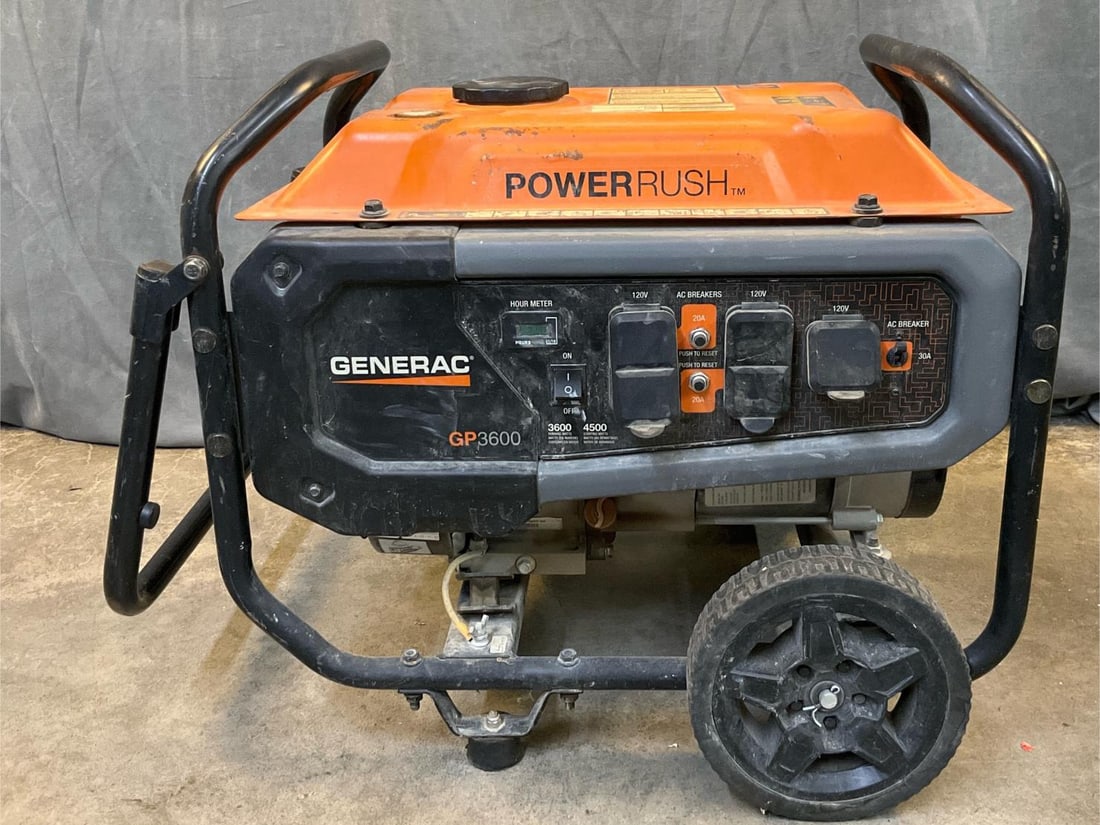 Generac Portable 3600 Generator: Generac GP Series 3600 Watt Portable Generator. Starting watts - 4500. Running watts - 3600. 3.7 Gallon gasoline capacity. Used condition. Filled with gas, tested runs. Measures 25.5 x 18 x 21 inches
