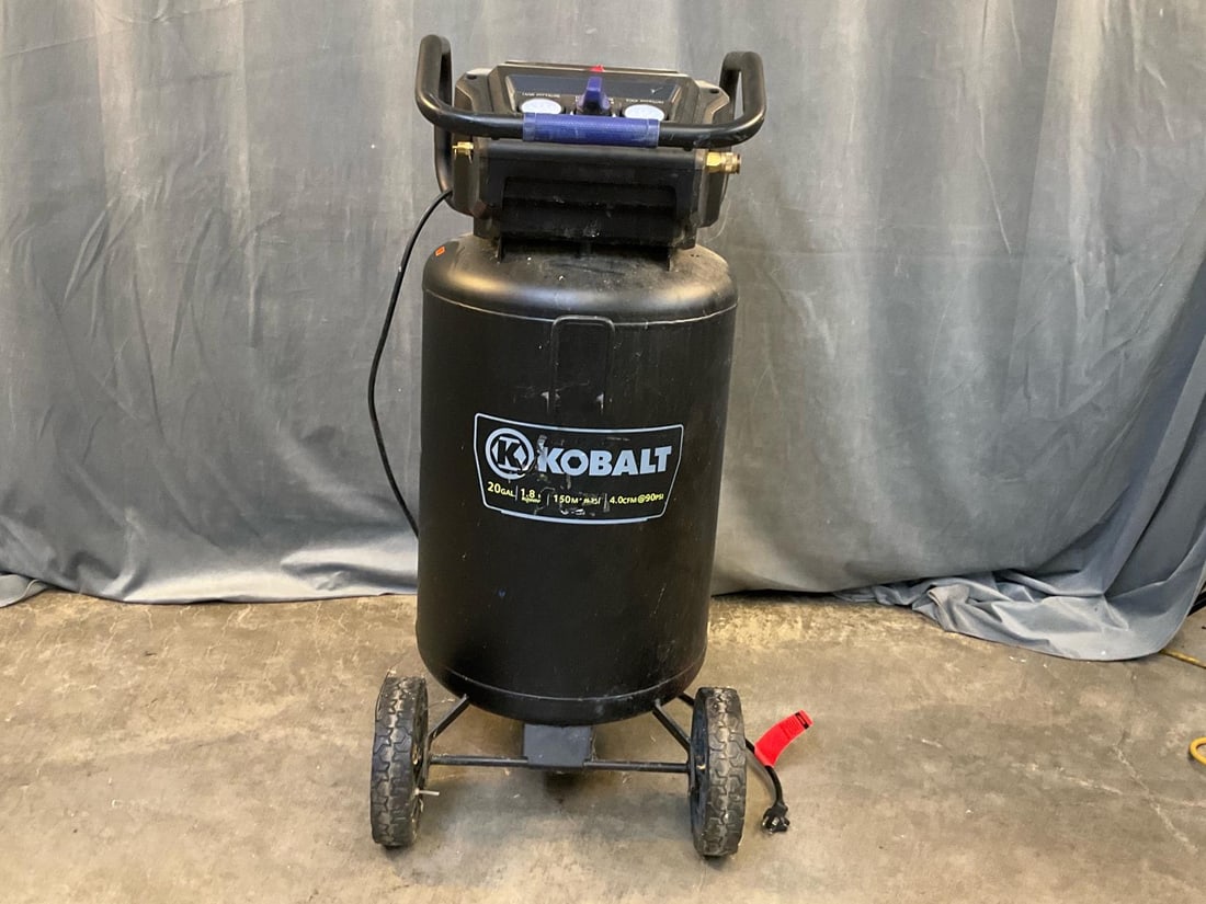 Kobalt Air Compressor: Kobalt 20 - Gallon Portable Electric 150 PSI Vertical Air Compressor. Used condition, tested works. Measures 17.5 inches wide x 19 x 39 inches tall.