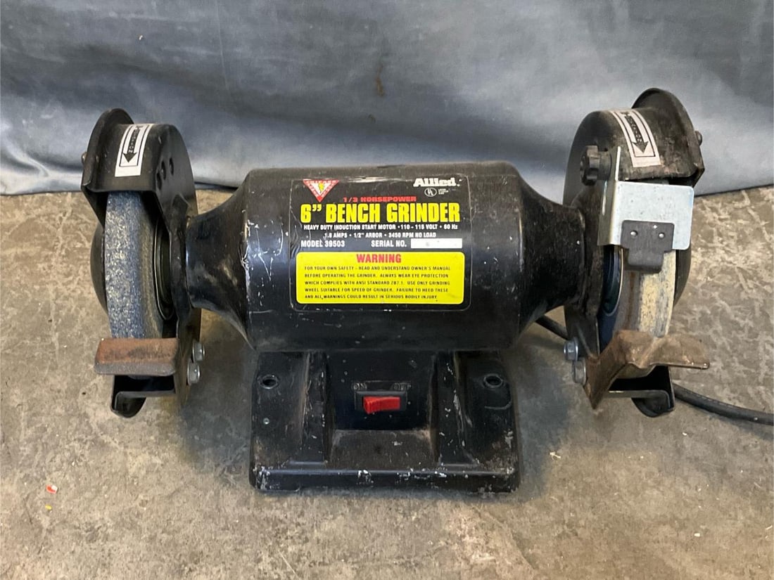 Bench Grinder: Chicago Power Tools Allied 1/3 Horsepower 6” Bench Grinder. Heavy Duty Induction Motor, 110 - 115 volt, 60 Hz., 1.8 amps. Model 39503. Used condition, tested works. Measures 14 inches wide x 8