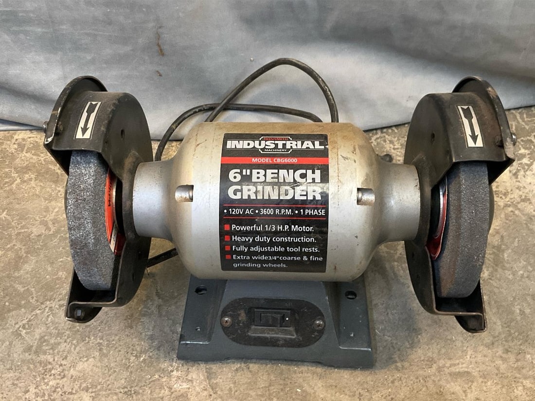 Bench Grinder: Ronsmith Industrial Machinery Model CBG6000 6” Bench Grinder. 1/3 H.P. Motor, 120v, 3600 RPM. Used condition, tested and runs. Measures 13.5 inches wide x 8 x 9 inches tall.