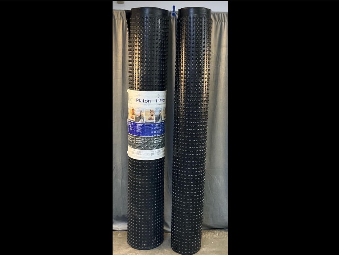 Moisture Barrier Rolls: Armtec Platon Plastic Foundation Wrap/Subfloor Moisture Barrier. Two rolls with one wrapped and unused with original packaging and second roll not complete. Good condition. Unused roll measures 12.5