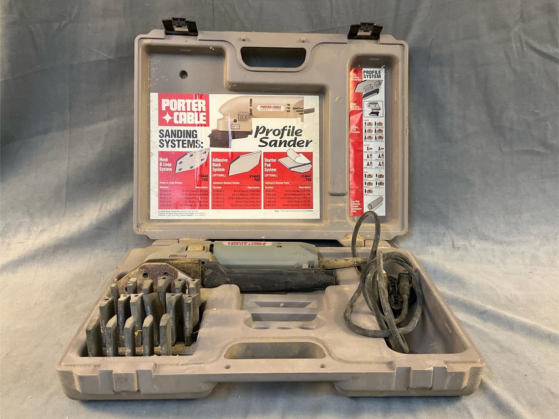 Porter Cable Profile Sander: Porter Cable model 444 double insulated profile sander with sandpaper with owner’s manual. Used condition, tested and works. Case measures 17.75 inches wide x 4.5 x 14.5 inches tall.