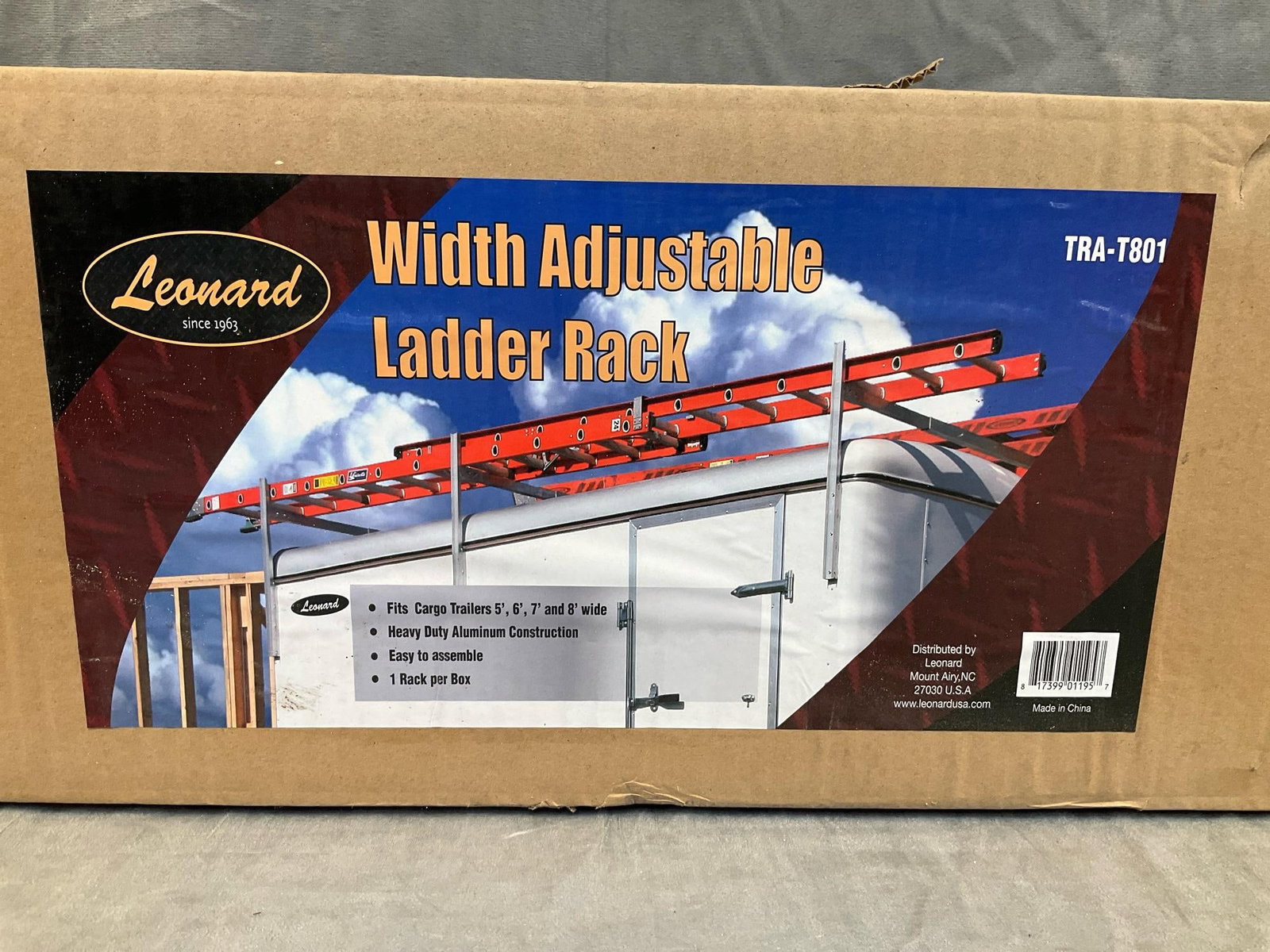Leonard Ladder Rack: Leonard width adjustable aluminum ladder rack TRA-T801. Fits cargo trailers 5’, 6’, 7’, and 8’ wide. Unopened in original manufacturer’s box. Box measures 55.75 inches wide x 2.5 x 11.5