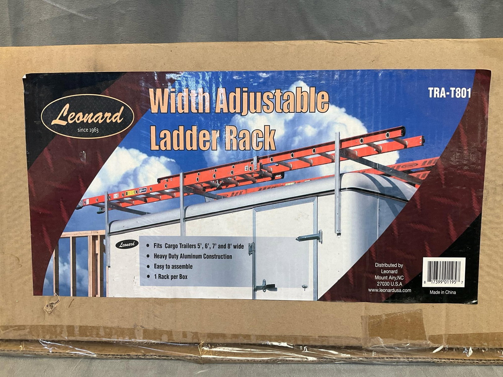 Leonard Ladder Rack: Leonard width adjustable aluminum ladder rack TRA-T801. Fits cargo trailers 5’, 6’, 7’, and 8’ wide. Unopened in original manufacturer’s box. Box measures 55.75 inches wide x 2.5 11.5