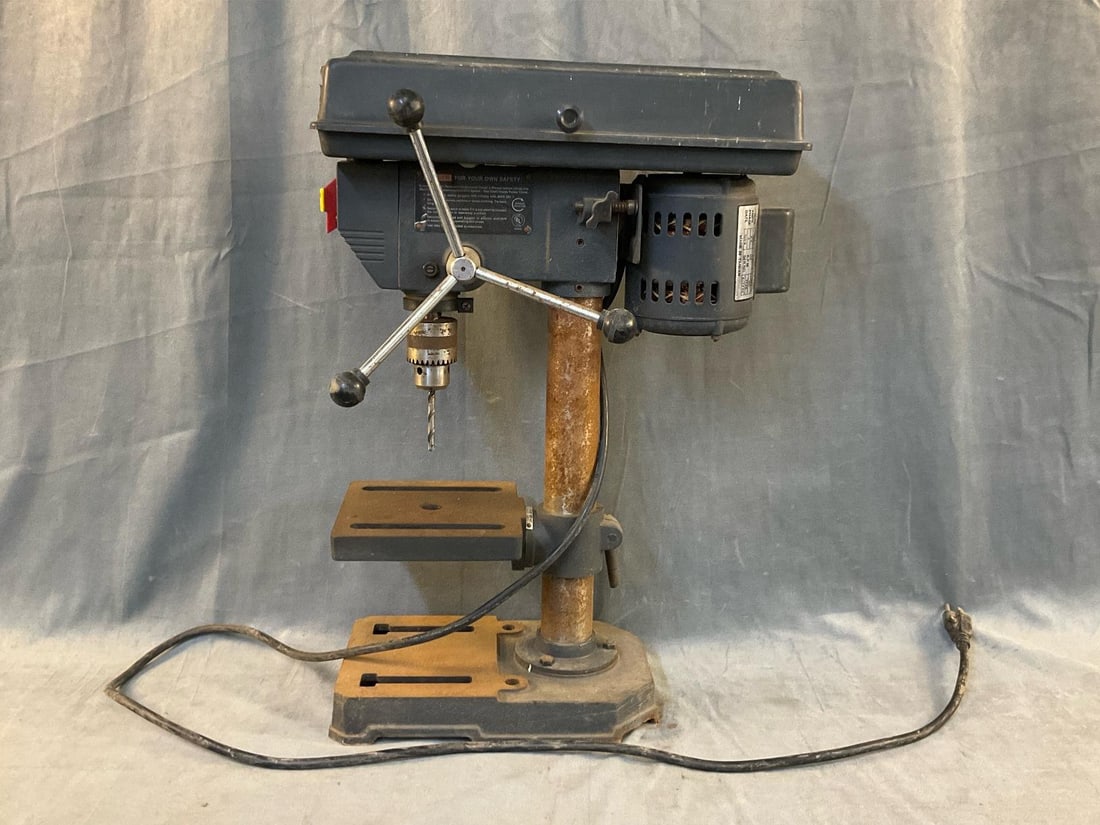 Craftsman Drill Press: Sears/Craftsman 8” Drill Press. 1/2” chuck, 3 speed range 620-3100 R.PM.. Used condition, tested and works. Measures 7.5 inches wide x 16.25 x 22.25 inches tall.