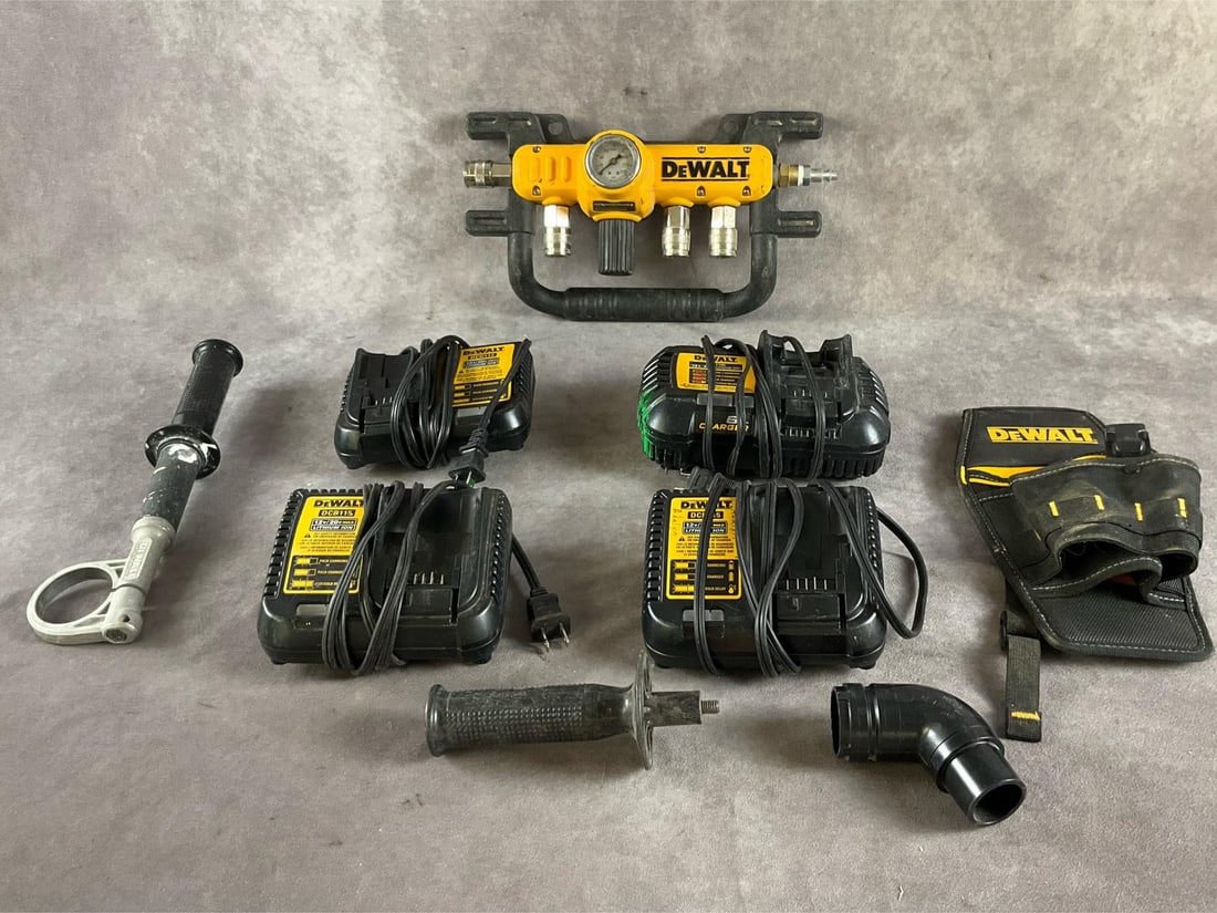Dewalt Accessories: Nine items. Two DCB115, one DCB1106, one DCB112 battery chargers. One extension handle, one handle, one tool holster, one vacuum ell, and one D55040 air line splitter (untested). All Dewalt and in wor