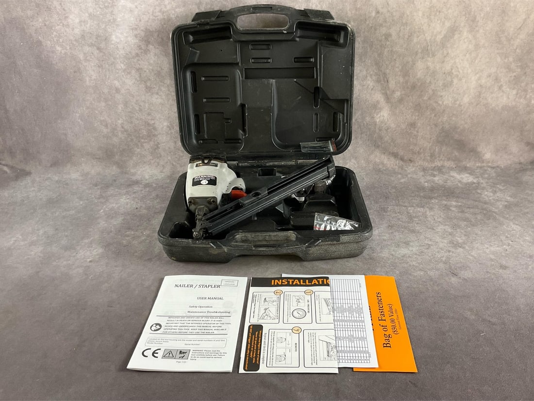 TigerClaw Installation Gun: Model F-5899 Pneumatic deck nailer, with case. Used, untested. Measures 16 inches wide x 5 x 13 inches tall.