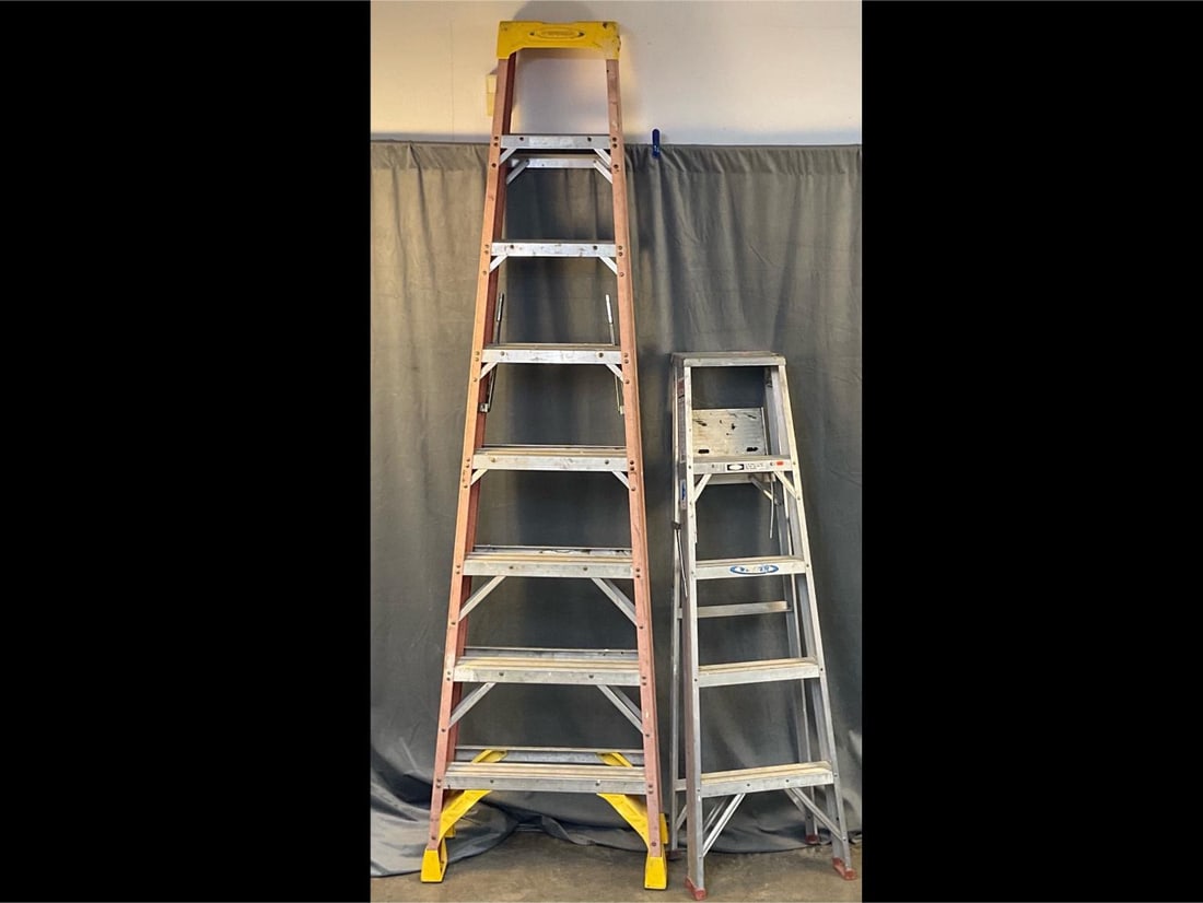 Werner Step Ladders: One 8 ft. step ladder and one 5 ft. step ladder. Used condition. 5 ft. folded ladder measures 19.5 inches wide x 5 x 61 inches tall.