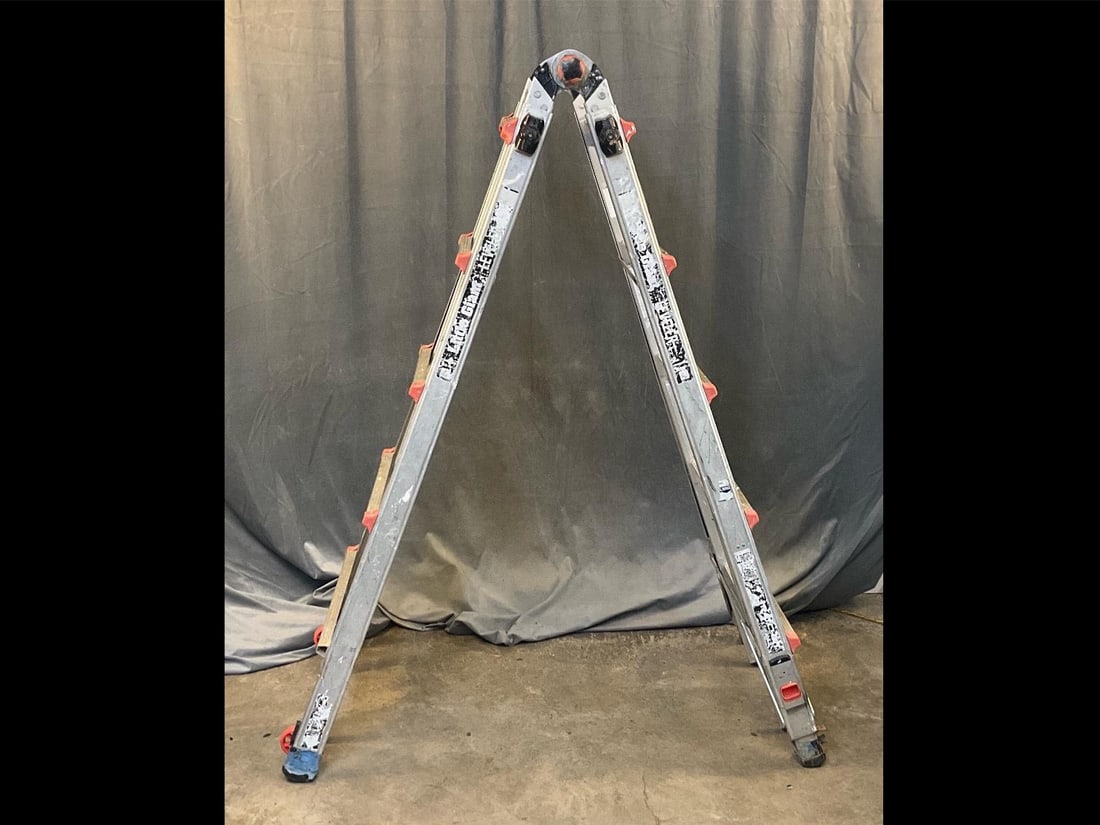 Little Giant Ladder: Little Giant Five Step/Extension Aluminum Telescoping Ladder. Step ladder maximum height 9’, extension max height 19’. Used working condition. Folded measures 25 inches wide x 8 x 66 inches tall.