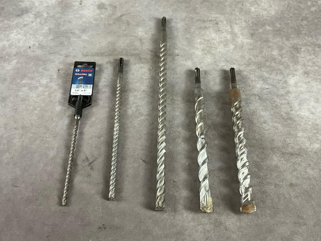 Hammer Drill Bits: SDS drive sizes 1/4, 3/8, 1/2, 3/4 and 7/8 inch. Used, in good condition. Largest bit measures 22 inches long X 2 inch diameter.