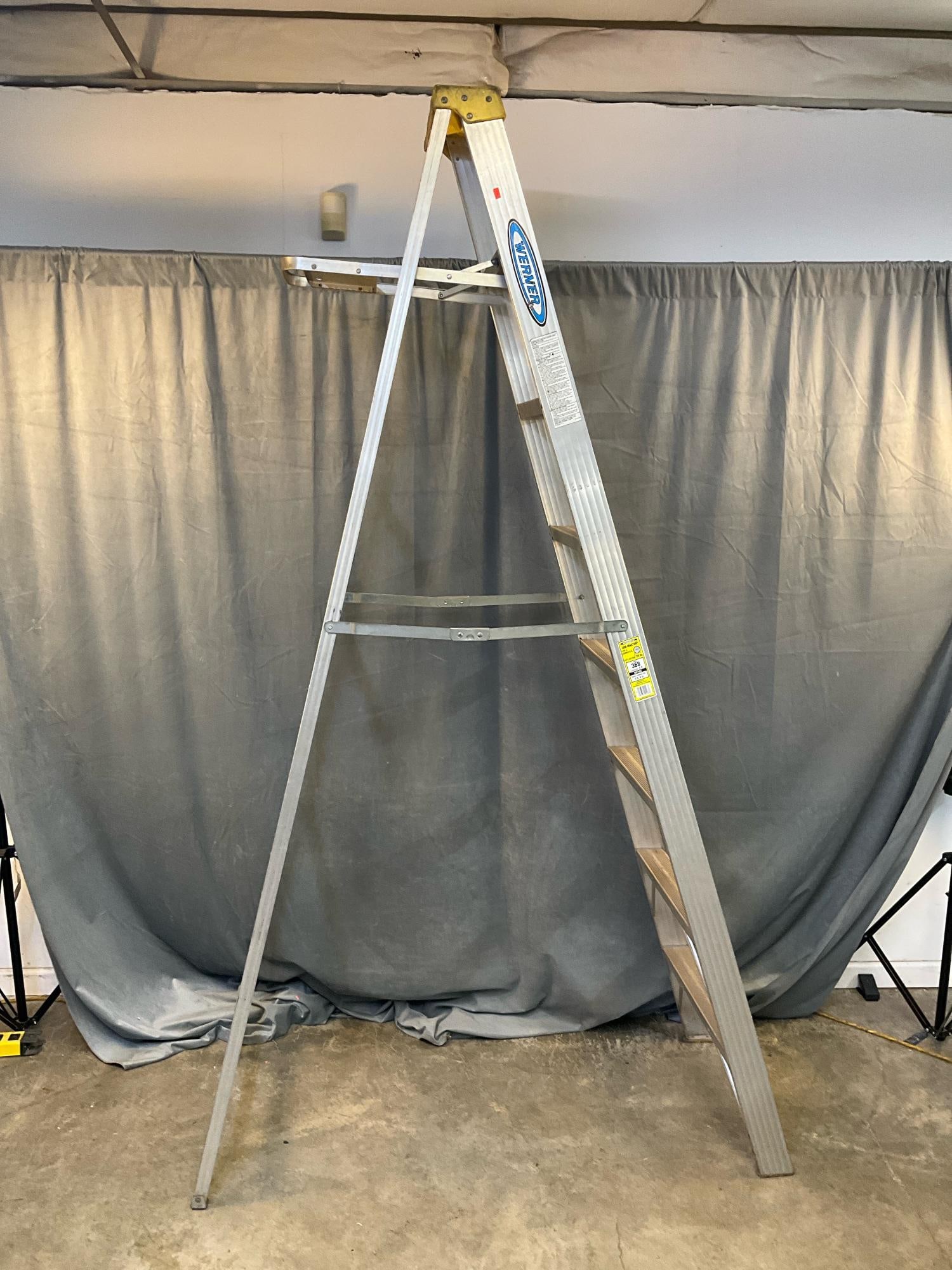 Werner Step Ladder: Werner 8ft. aluminum Job-Master Type II commercial step ladder. Used, good condition. Measures 23 inches wide x 6 x 96 inches tall.