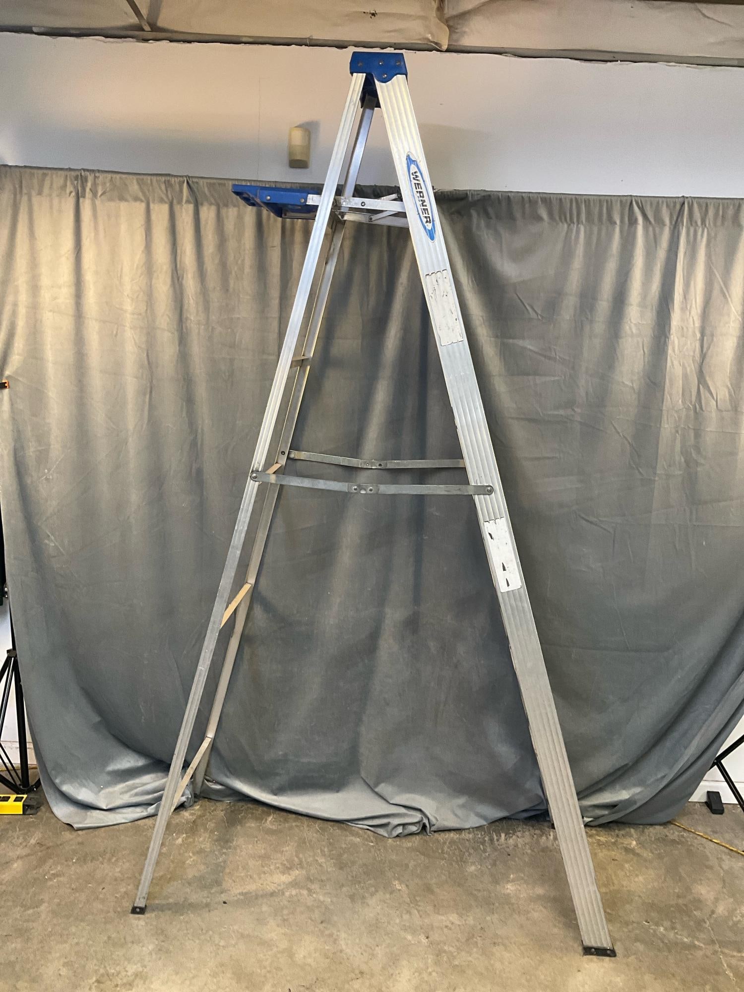 Werner Step Ladder: Werner 8ft. aluminum Job-Master Type II commercial step ladder. Used, good condition. Measures 23 inches wide x 6 x 96 inches tall.