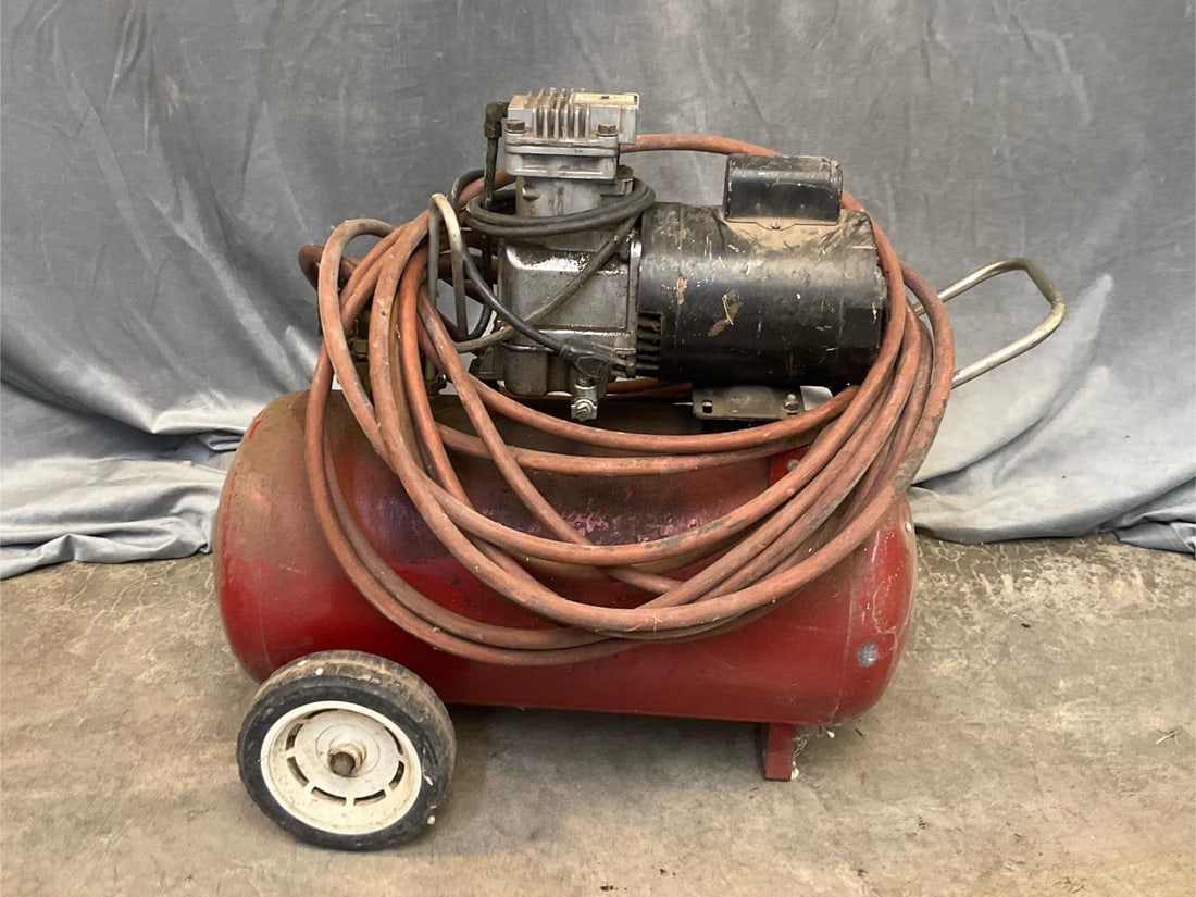 Sears Air Compressor: Sears 1 cylinder, 12 gallon, 1hp. air compressor with a Westinghouse AC motor. Powers on, good used condition. Measures 31 inches wide x 18 x 26 inches tall.