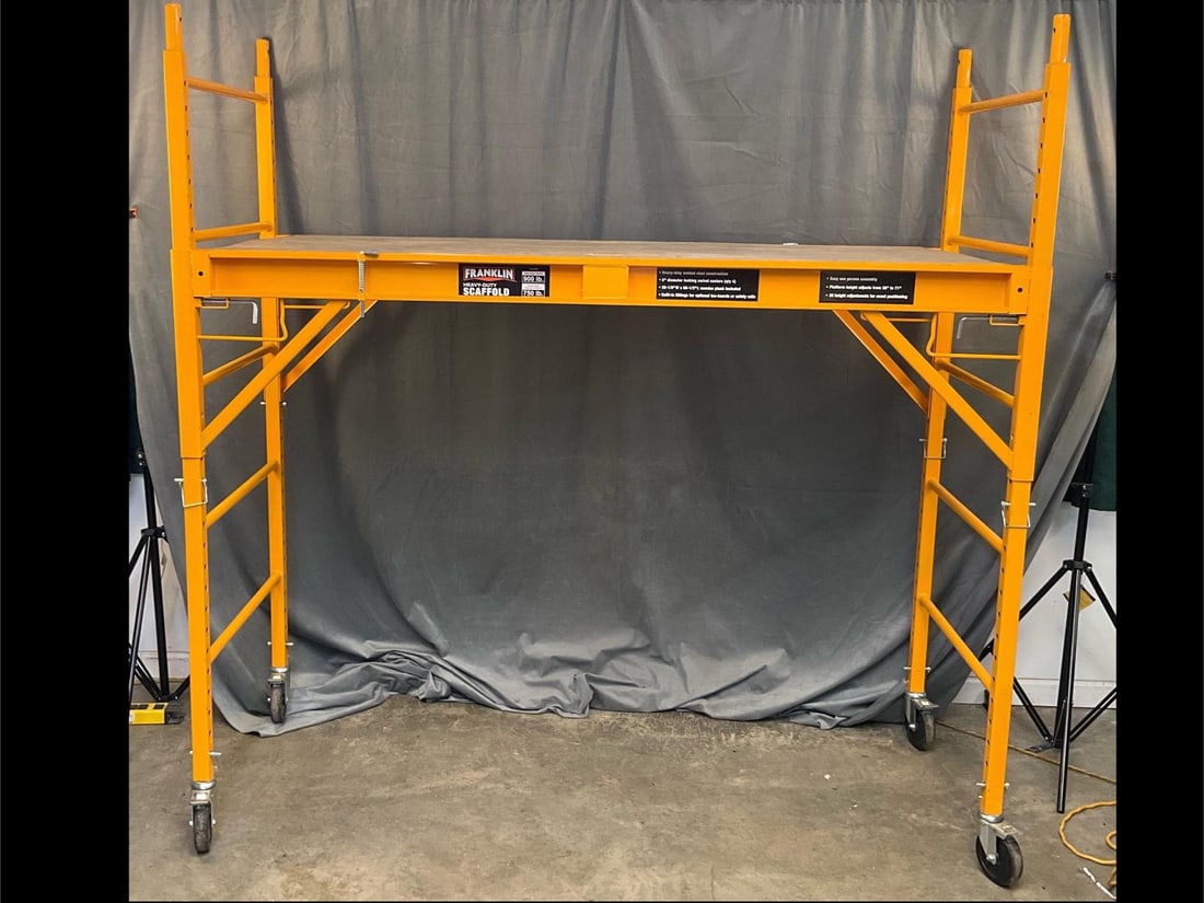 Franklin Scaffold: Franklin Heavy Duty Steel Scaffold. 900 lb. Single stage capacity, 750 lb. double stage capacity combined. 28-1/8” width x 66-1/2” length wooden plank. Platform heights adjusts from
