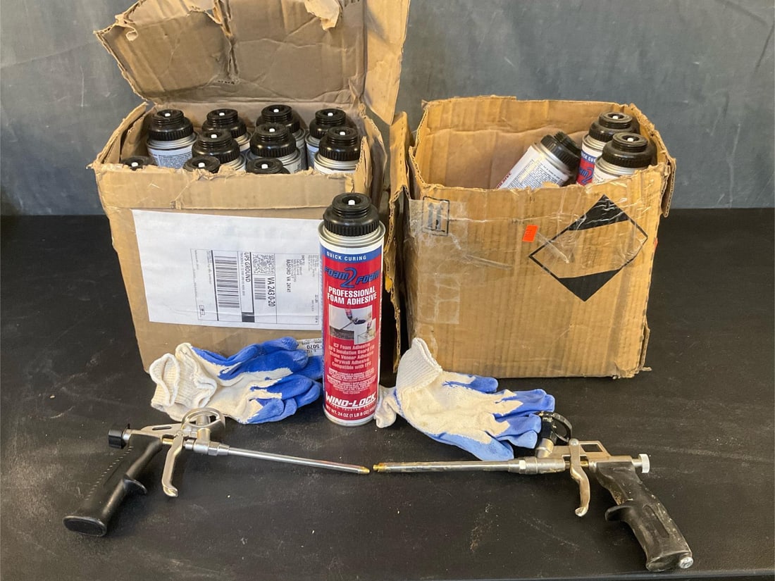 Foam Adhesive: Seventeen cans of Foam 2 Foam Wind-Lock Professional Foam Adhesive and two guns. Not tested. Can measures 2.5 inches in diameter x 10.75 inches tall.